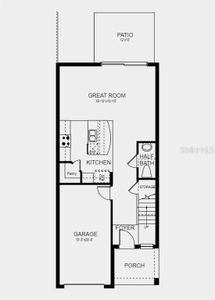 First Floor Plan -  Design options added include: tile extended into the great room and hallway, and quartz countertops in kitchen and bathrooms.