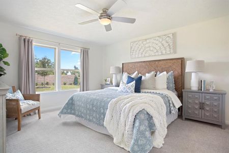 Come and unwind after a long day in this magnificent master suite! This spacious room features plush carpet, warm paint, sitting area, high ceilings, beautiful custom ceiling fan, and large windows with privacy blinds!