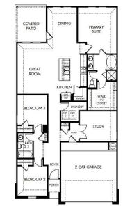This is a floor plan of a single-story home featuring three bedrooms, an office, two bathrooms, a primary suite with a walk-in closet, an open-concept kitchen with a pantry, a dining area, a spacious great room, a study, laundry room, two-car garage, covered patio, and a welcoming front porch.