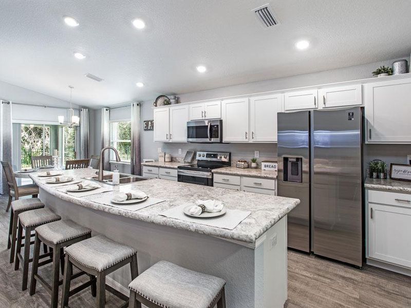 Your new kitchen is beautifully designed with ample lighting, a counter-height island, and a walk-in pantry - Raychel model home in Palmetto, FL