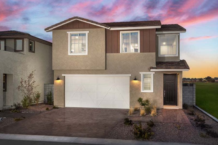 Farmhouse Elevation | Dusk | Lumia | Mandarin at Citrus Park | New Homes in Goodyear, AZ | Landsea Homes