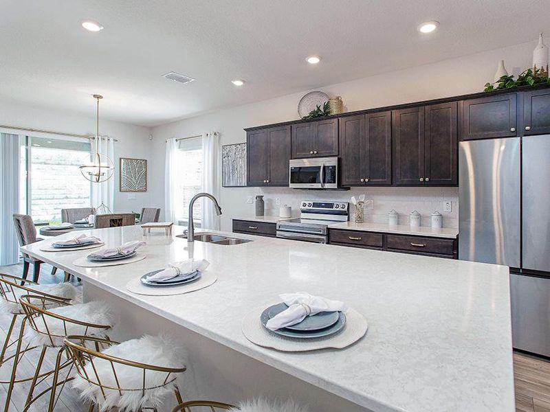 Meals are a delight with a large island, Samsung stainless appliances, and beautiful finishes - Shelby model home in Davenport, FL