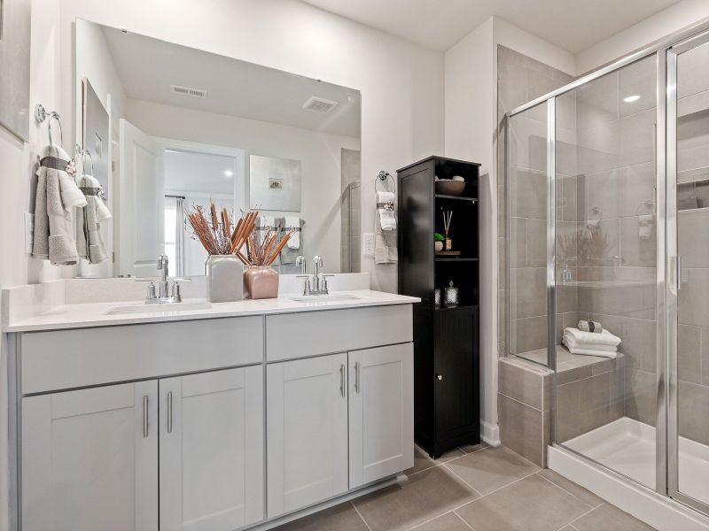 The primary bath offers dual vanity sinks and a walk-in shower.