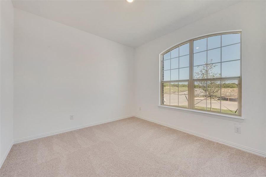 Carpeted spare room with lofted ceiling