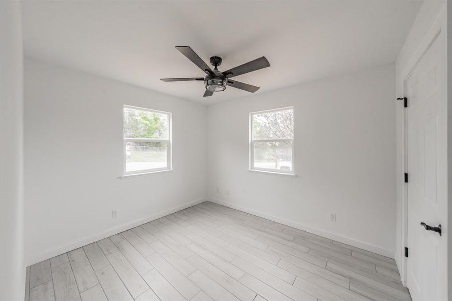 Empty room with ceiling fan, light hardwood / wood-style flooring, and a wealth of natural light