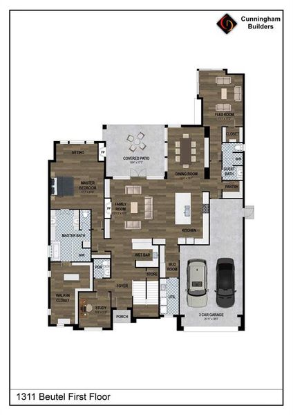 Rendering of first floor to show space and layout. Buyer/ buyer's agent to verify all specs