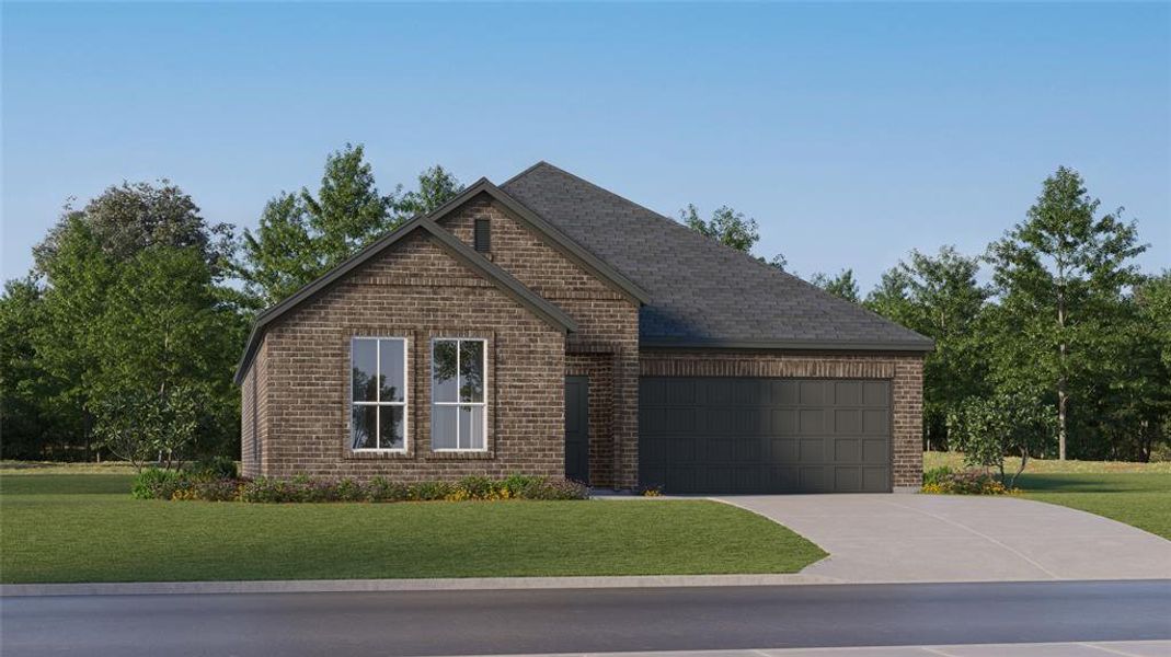 View of front of house featuring a front lawn and a garage