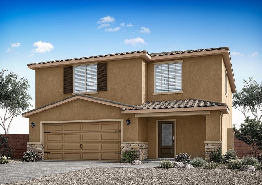 This home is two stories and offers a two-car garage and brown shutters.