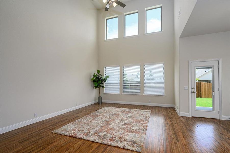 Entryway featuring a healthy amount of sunlight, ceiling fan, dark hardwood / wood-style floors, and a towering ceiling