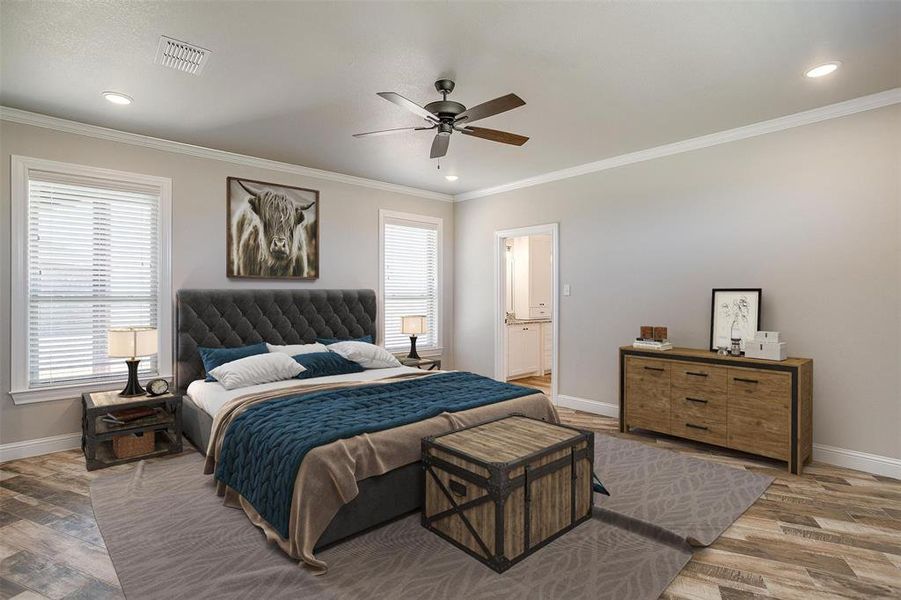 Primary bedroom with crown molding, ensuite bath, wood-type flooring, and ceiling fan