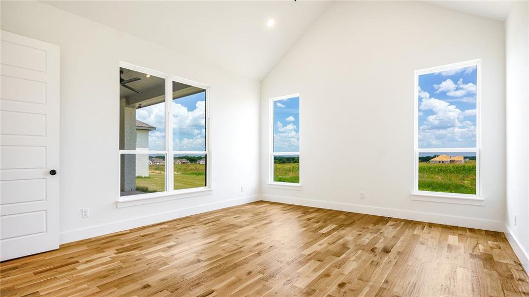 Spare room featuring light hardwood / wood-style floors, high vaulted ceiling, and ceiling fan