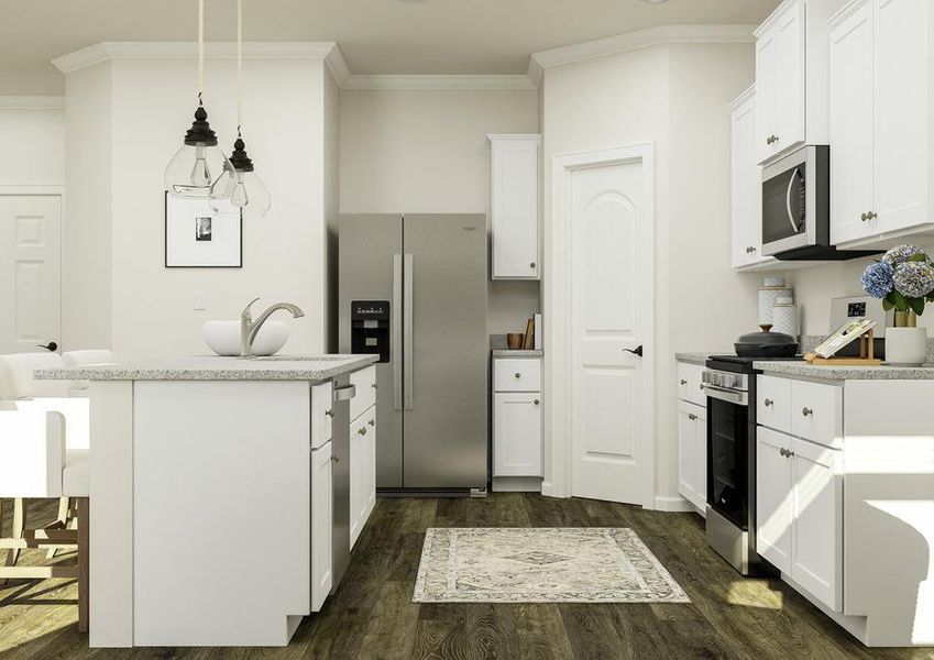 Rendering of the kitchen in the Hartford
  which has vinyl plank wood flooring, white cabinetry, granite countertops and
  stainless steel Whirlpool brand appliances.