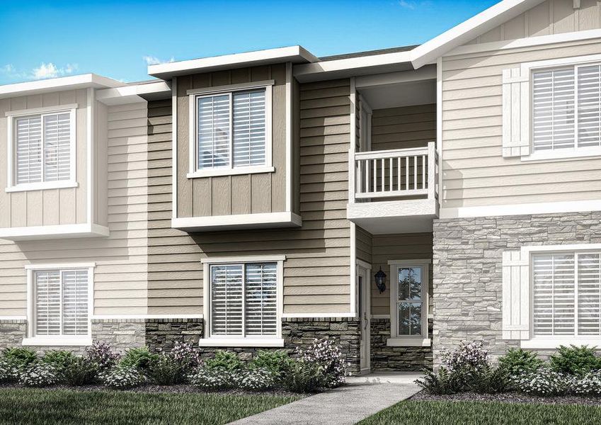 Rendering of an inside middle unit tonwhome built with siding and stone.
