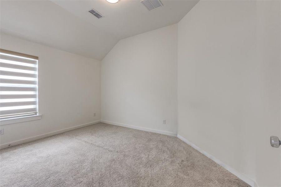 Carpeted empty room with lofted ceiling and plenty of natural light