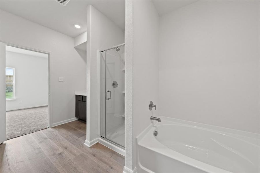 Bathroom with wood-style flooring, independent shower and bath, and vanity
