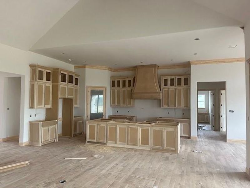 Kitchen featuring a kitchen island, light hardwood / wood-style floors, extractor fan, ornamental molding, and high vaulted ceiling