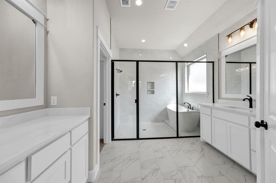 Bathroom with plus walk in shower, tile flooring, and vanity
