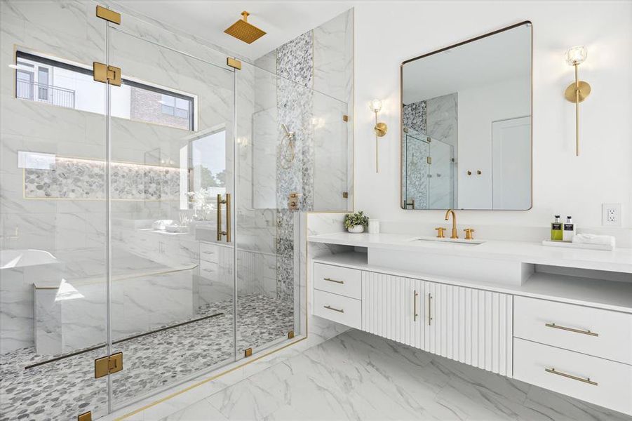 En-Suite Luxury Spa Design Bathroom with separate walk-in-glass enclosed dual shower, dual floating vanities with wall mirrors and vessel style sinks, porcelain title flooring, walls and slab quartz counter