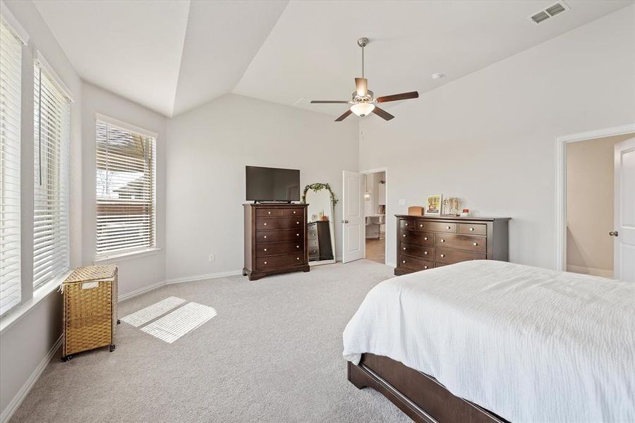 Primary bedroom featuring ceiling fan, lofted ceiling, and beautiful carpet