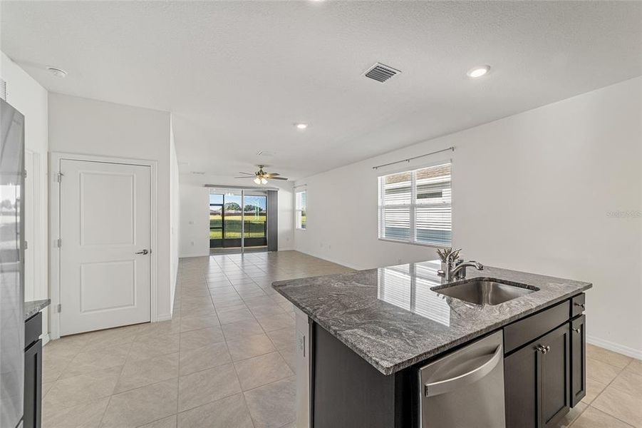 kitchen island and walk-in pantry