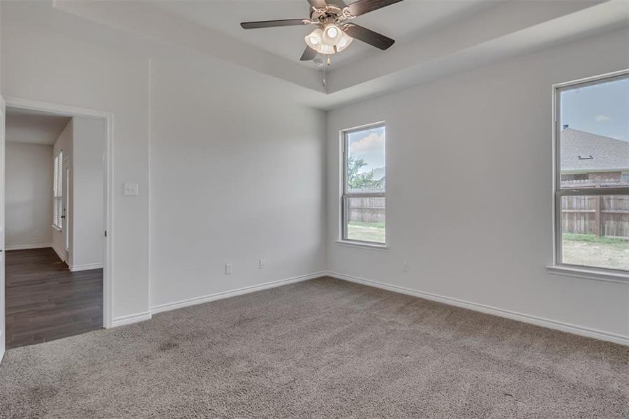 Primary Suite featuring ceiling fan, a tray ceiling, and dark wood-type flooring