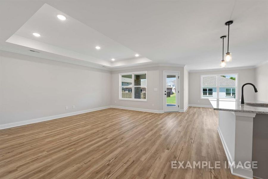 Unfurnished living room with ornamental molding, sink, light wood-type flooring, and a tray ceiling