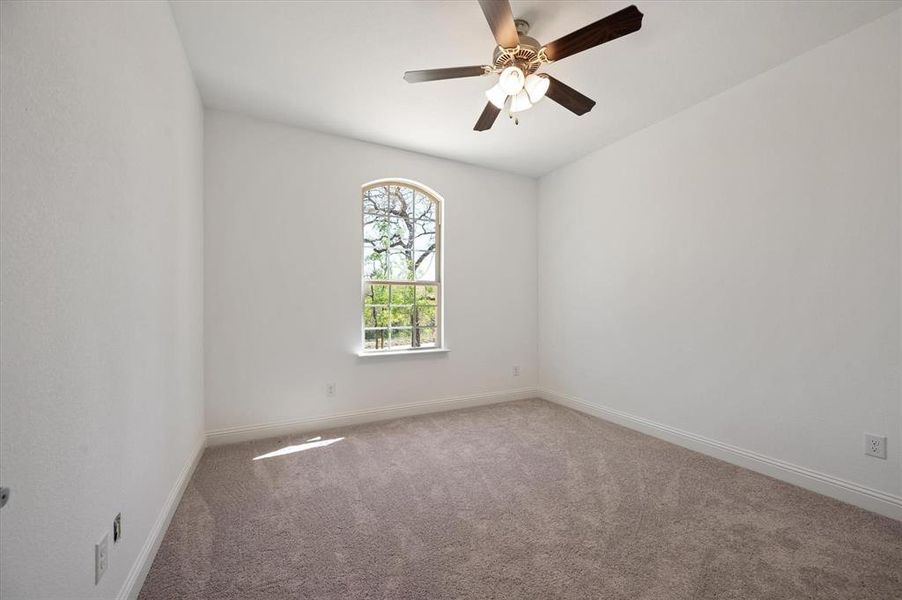 Carpeted spare room with ceiling fan