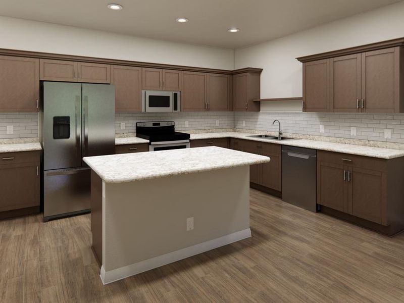 Your beautiful new open kitchen includes an island and stainless steel appliances. (Artist`s rendering)