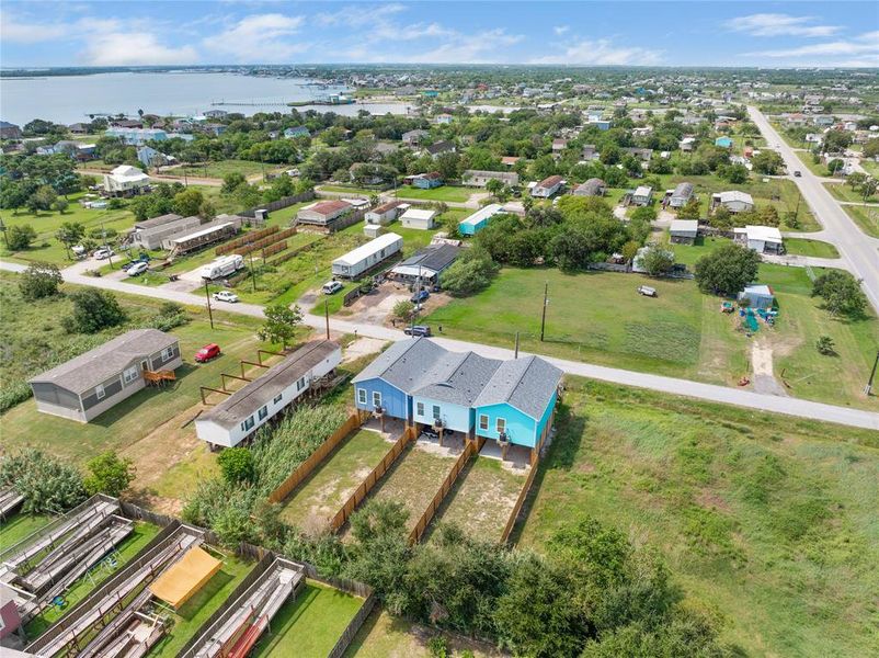 This aerial view from the back of the home shows FM 517 and Dickinson Bay toward 146 and Dickinson.