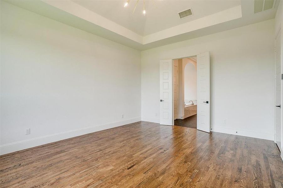 Empty room with a raised ceiling and hardwood / wood-style flooring