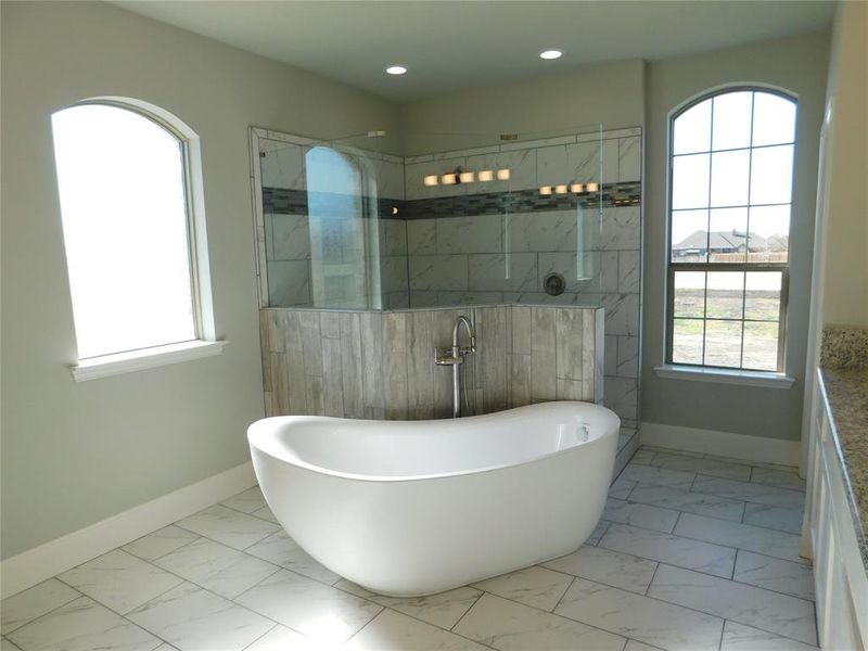 Primary bathroom- featuring vanity, separate shower and tub, and a healthy amount of sunlight