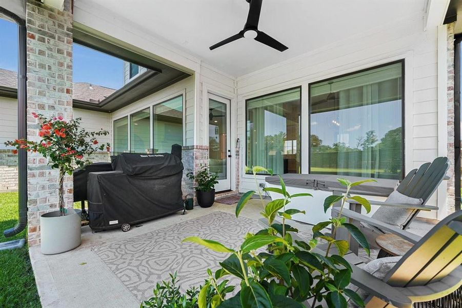 A spacious covered back patio strategically placed to maximize enjoyment and usability.