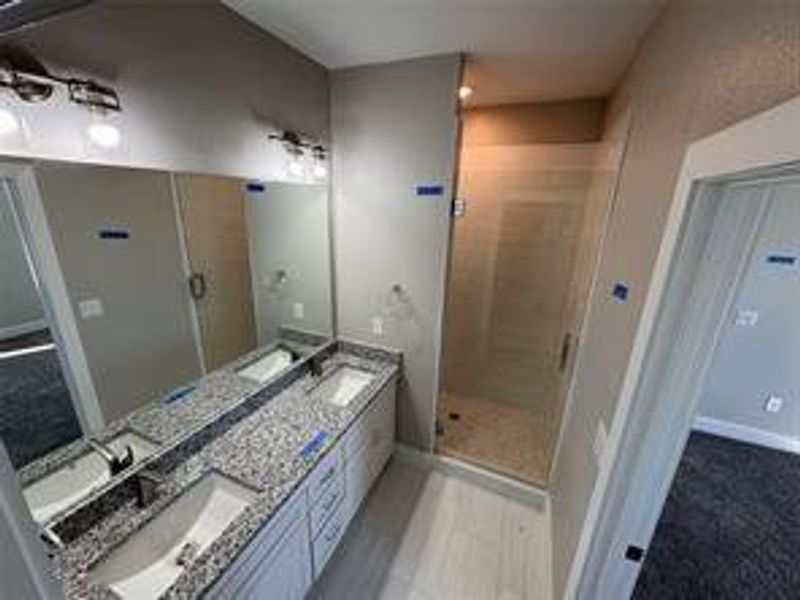 Bathroom featuring vanity and a shower with shower door