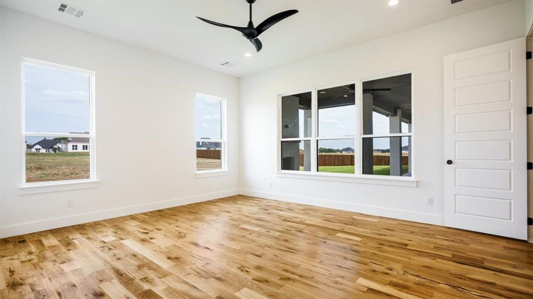 Unfurnished room with light hardwood / wood-style flooring, ceiling fan, and a wealth of natural light