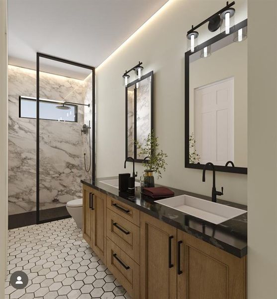 This rendering offers a glimpse into the primary bath, featuring a sophisticated double vanity, a spacious walk-in shower, and the promise of a luxurious bathtub (not depicted), catering to your every indulgence and ensuring utmost comfort.