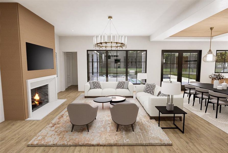 The living area features a modern paneled fireplace and large windows that frame picturesque views of the golf course. Photo rendering of family & dining rooms.