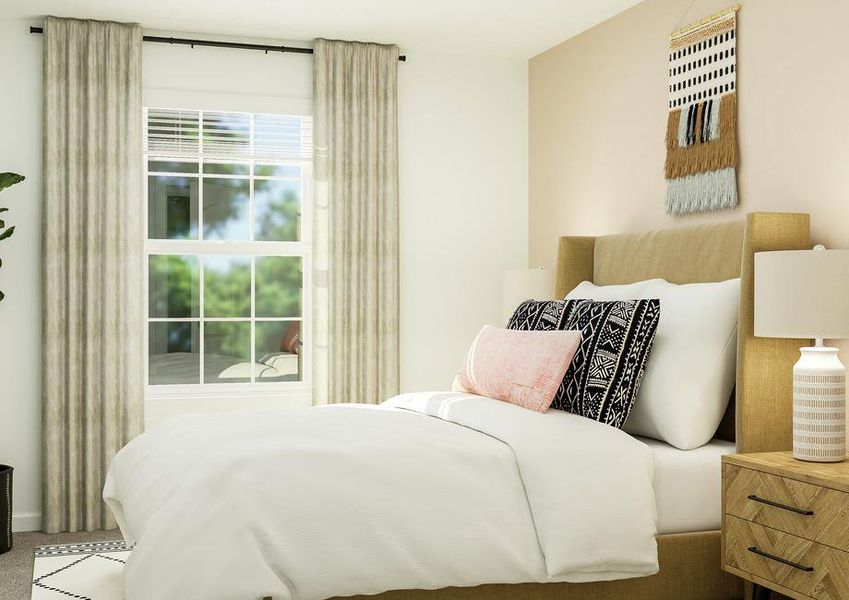 Rendering of a secondary bedroom
  featuring a large bed, two nightstands, and décor with carpet flooring
  throughout.