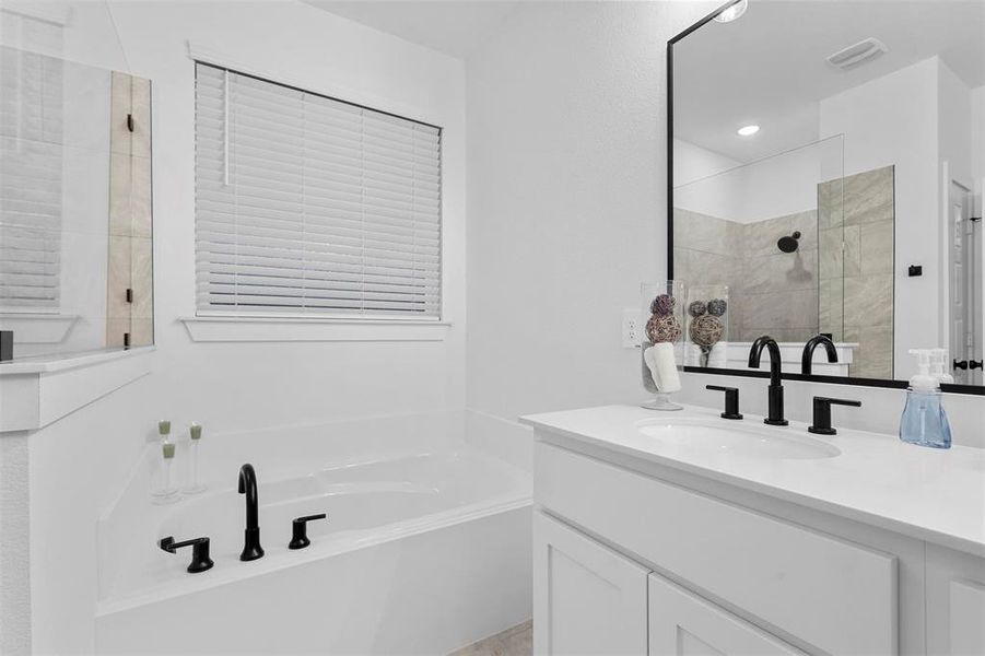 Bathroom with vanity and separate shower and tub