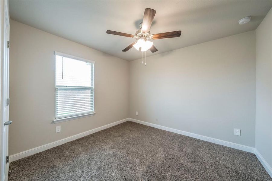 Spare room featuring ceiling fan and carpet flooring