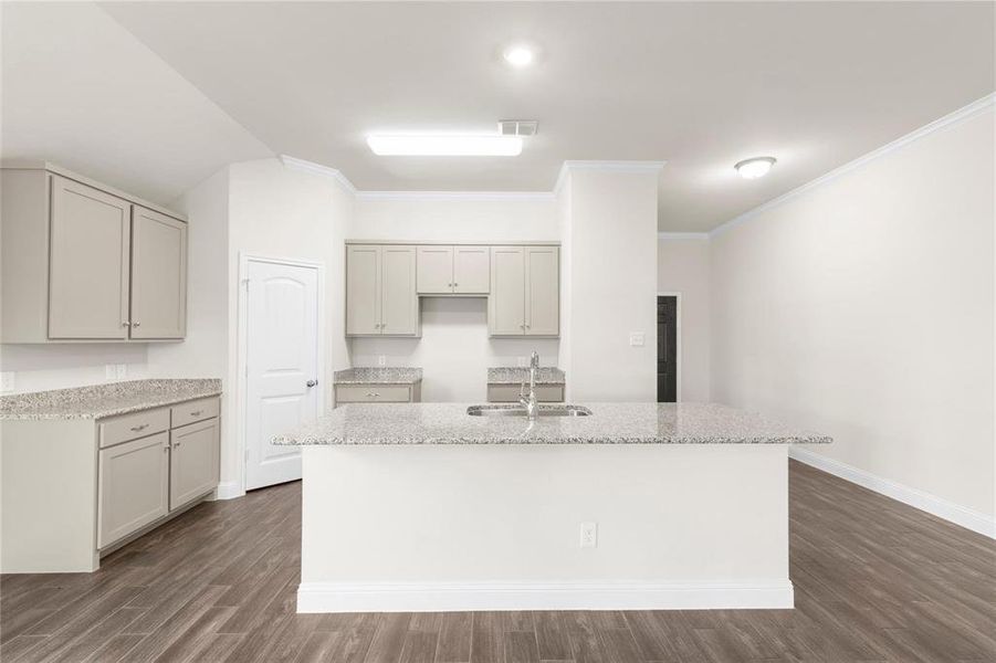 Kitchen with gray cabinetry, light stone countertops, dark wood-type flooring, and a kitchen island with sink