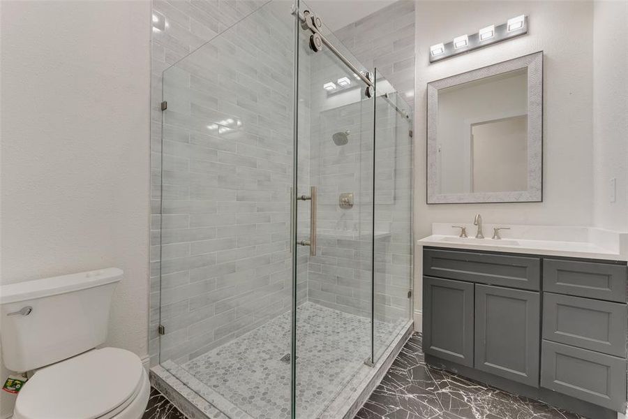 Bathroom with vanity, toilet, and a shower with shower door