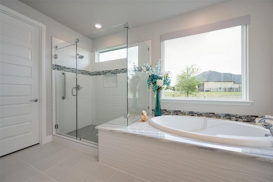 Primary Bathroom with separate shower and bath, Dolomite counter top and tile floor