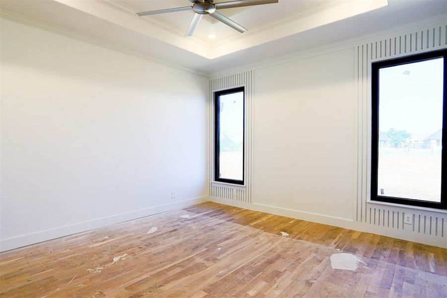 Unfurnished room with ceiling fan, light hardwood / wood-style floors, crown molding, and a tray ceiling