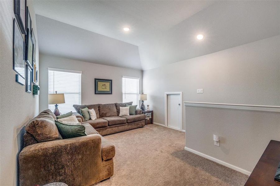 Living room featuring carpet and 10' lofted ceiling