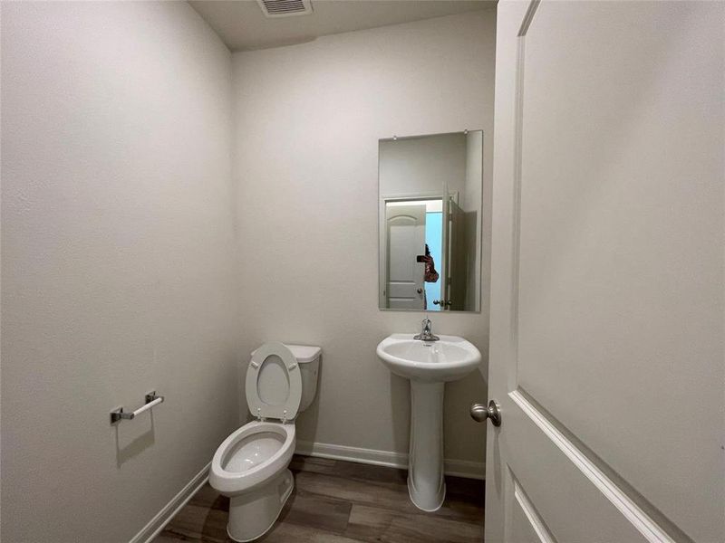 Bathroom featuring sink, toilet, and wood-type flooring