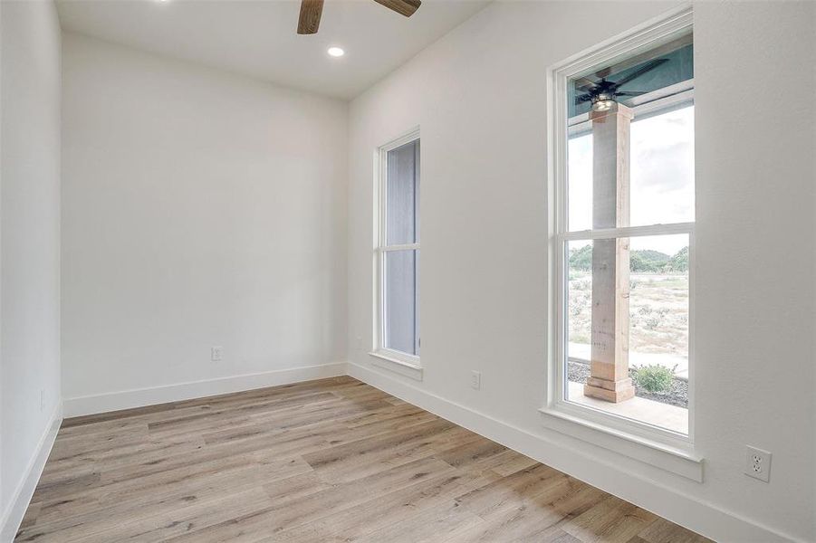 Plenty of natural light, ceiling fan, and light wood-type flooring