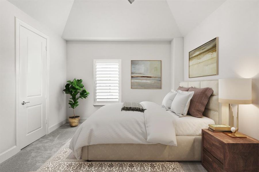 Virtually Staged: Secondary bedroom with neutral paint, carpet floors, plantation shutters, and a vaulted tray ceiling with a ceiling fan.