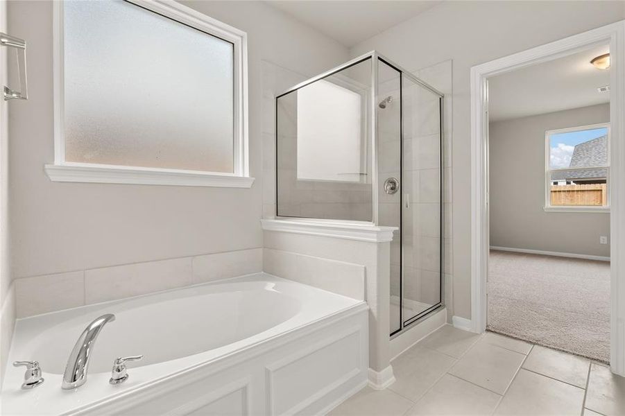 This additional view of your primary bathroom features tile flooring, fresh paint, walk-in shower, a separate garden tub, and a large walk-in closet.