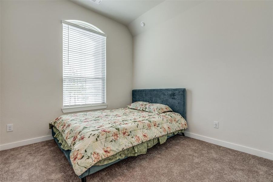 Carpeted bedroom with vaulted ceiling