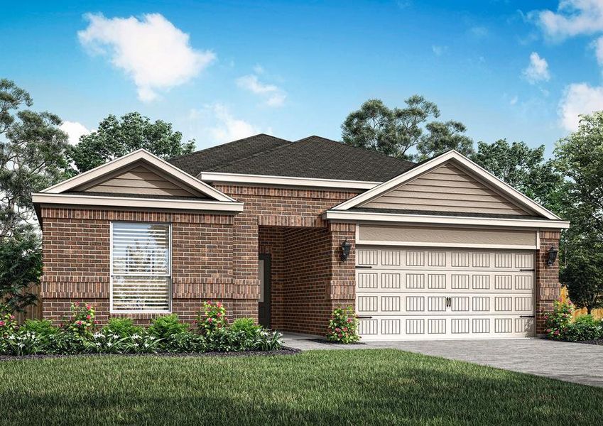 Rendering of the exterior of the one-story Reed plan with brick.